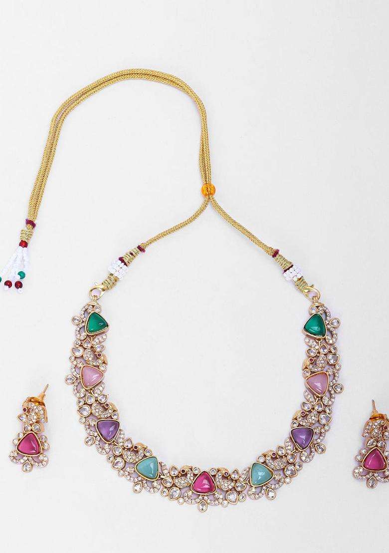 Gold-Plated Megna Peacock Multistone Choker for Women | Traditional Temple Jewellery for Wedding & Festive Wear | Gift for Her - Indya