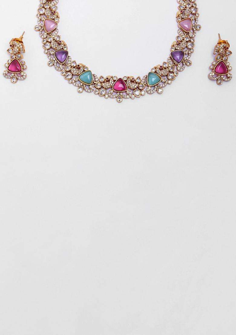 Gold-Plated Megna Peacock Multistone Choker for Women | Traditional Temple Jewellery for Wedding & Festive Wear | Gift for Her - Indya