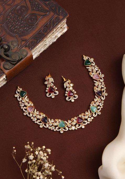 Gold-Plated Megna Peacock Multistone Choker for Women | Traditional Temple Jewellery for Wedding & Festive Wear | Gift for Her
