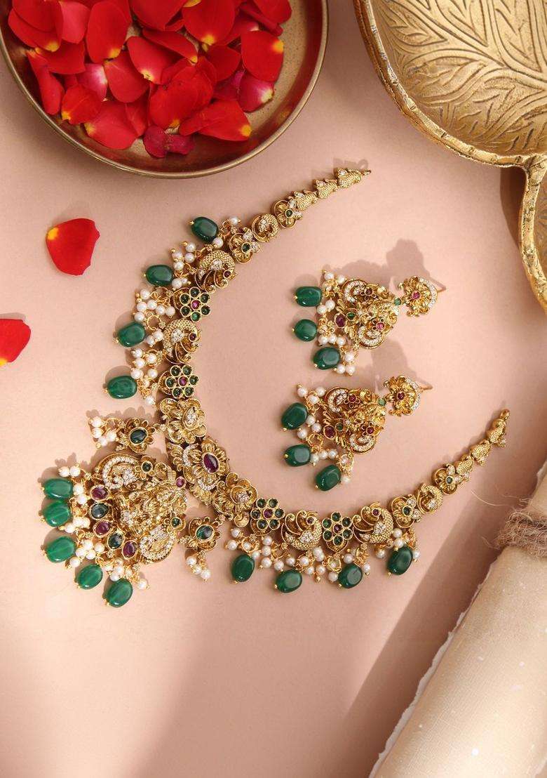 Gold-Plated Stone-Studded & Beaded Jewellery Set for Women | Traditional Temple Jewellery for Wedding & Festive Wear | Gift for Her - Indya