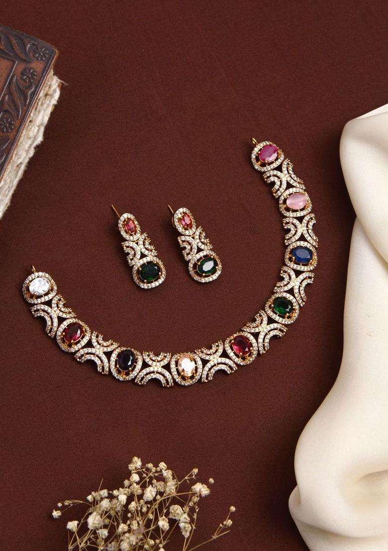 Gold-Plated Halena AD Multistone Choker for Women | Traditional Temple Jewellery for Wedding & Festive Wear | Gift for Her - Indya