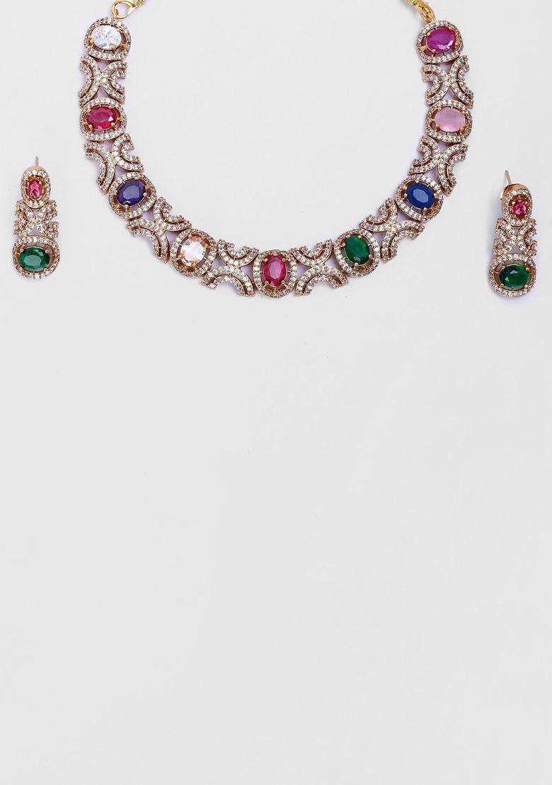 Gold-Plated Halena AD Multistone Choker for Women | Traditional Temple Jewellery for Wedding & Festive Wear | Gift for Her - Indya