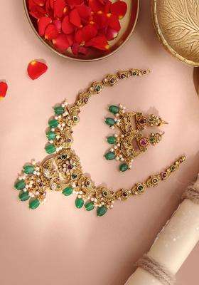 Gold-Plated Stone-Studded & Beaded Jewellery Set for Women | Traditional Temple Jewellery for Wedding & Festive Wear | Gift for Her
