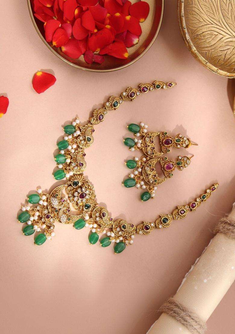 Gold-Plated Stone-Studded & Beaded Jewellery Set for Women | Traditional Temple Jewellery for Wedding & Festive Wear | Gift for Her - Indya