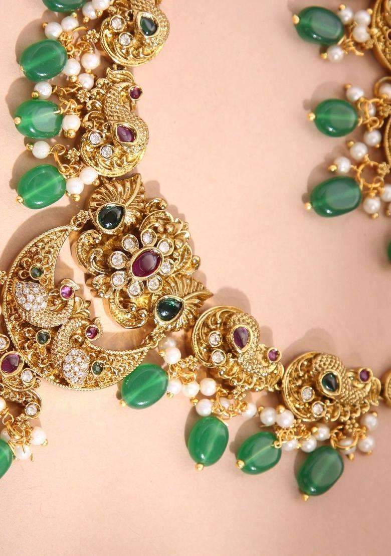 Gold-Plated Stone-Studded & Beaded Jewellery Set for Women | Traditional Temple Jewellery for Wedding & Festive Wear | Gift for Her - Indya