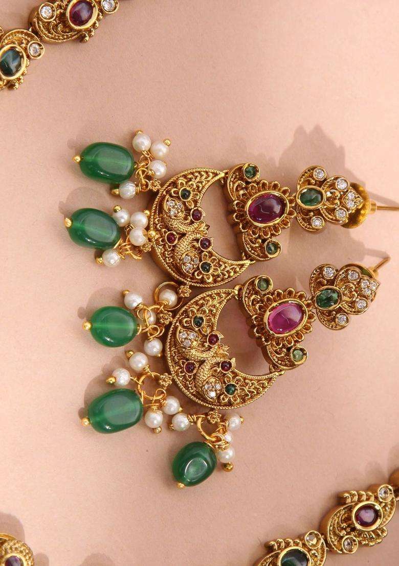 Gold-Plated Stone-Studded & Beaded Jewellery Set for Women | Traditional Temple Jewellery for Wedding & Festive Wear | Gift for Her - Indya
