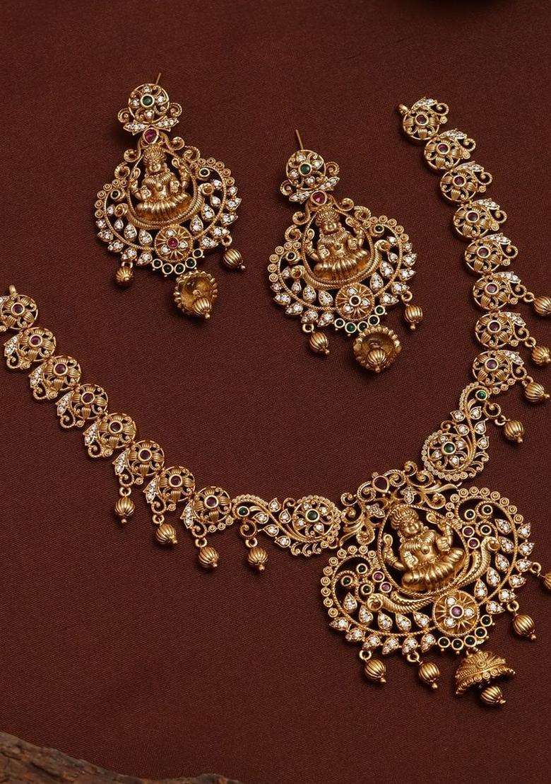 Gold-Plated Temple Stone Studded & Beaded Necklace and Earrings for Women | Traditional Temple Jewellery for Wedding & Festive Wear | Gift for Her - Indya