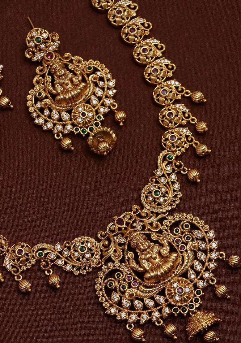 Gold-Plated Temple Stone Studded & Beaded Necklace and Earrings for Women | Traditional Temple Jewellery for Wedding & Festive Wear | Gift for Her - Indya