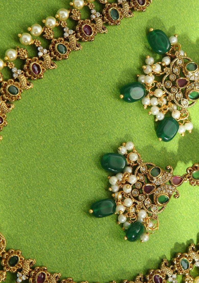 Gold-Plated Stone-Studded & Beaded Jewellery Set for Women | Traditional Temple Jewellery for Wedding & Festive Wear | Gift for Her - Indya