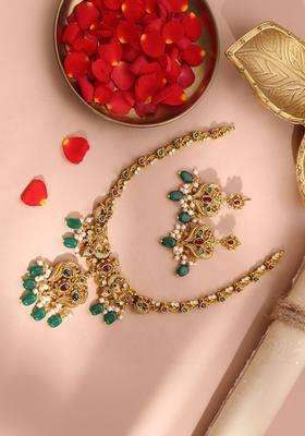 Gold-Plated Stone-Studded & Beaded Jewellery Set for Women | Traditional Temple Jewellery for Wedding & Festive Wear | Gift for Her