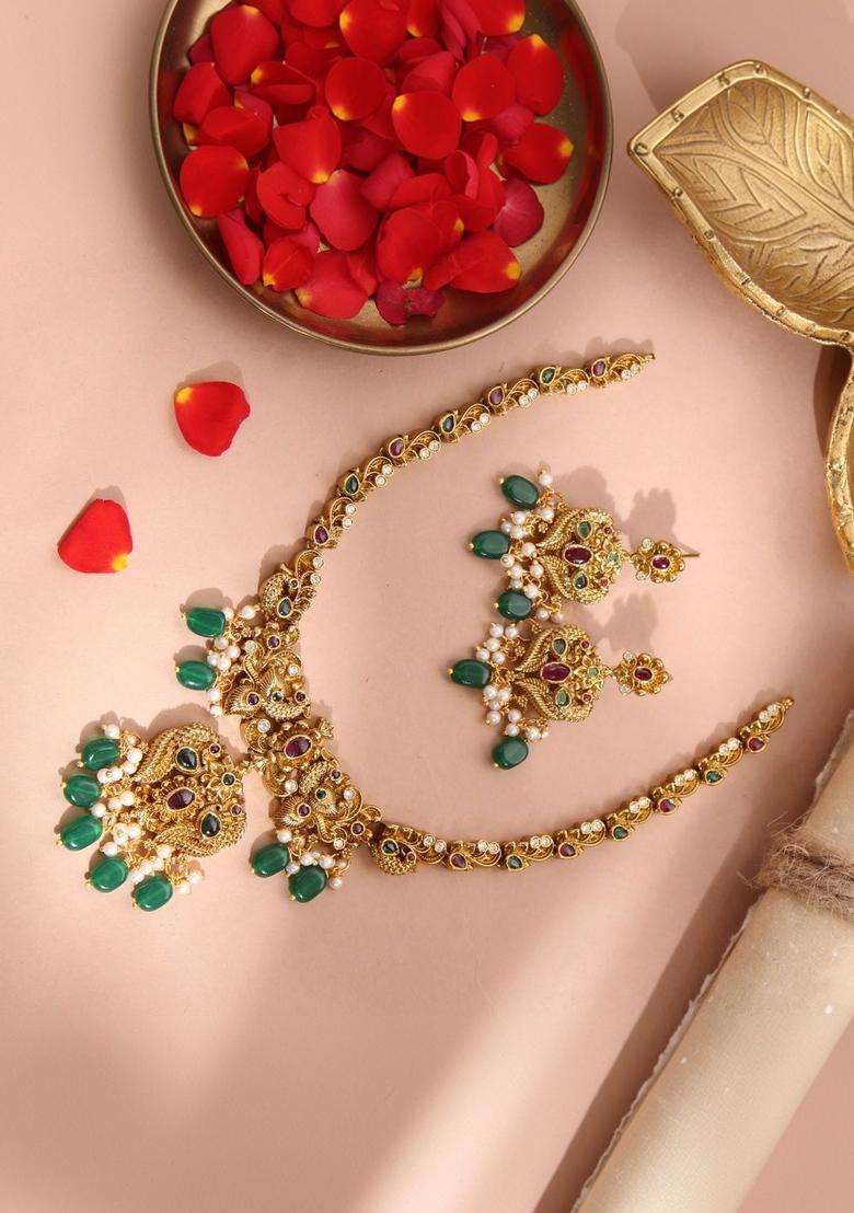 Gold-Plated Stone-Studded & Beaded Jewellery Set for Women | Traditional Temple Jewellery for Wedding & Festive Wear | Gift for Her - Indya