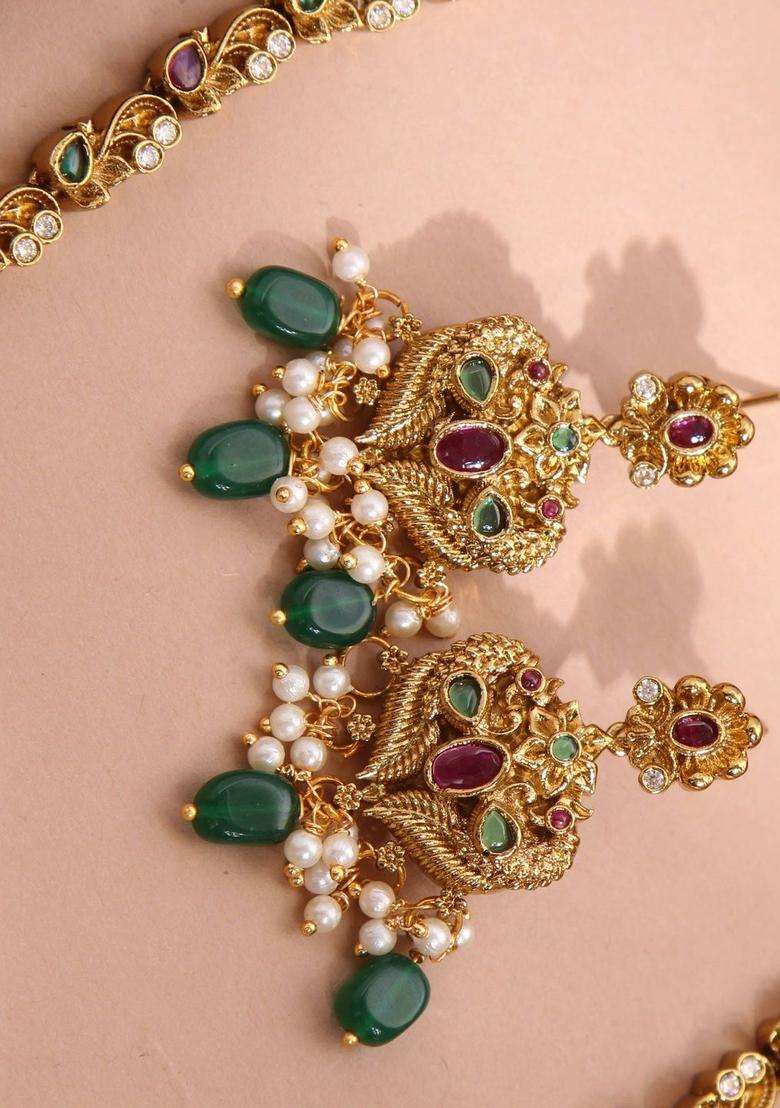 Gold-Plated Stone-Studded & Beaded Jewellery Set for Women | Traditional Temple Jewellery for Wedding & Festive Wear | Gift for Her - Indya