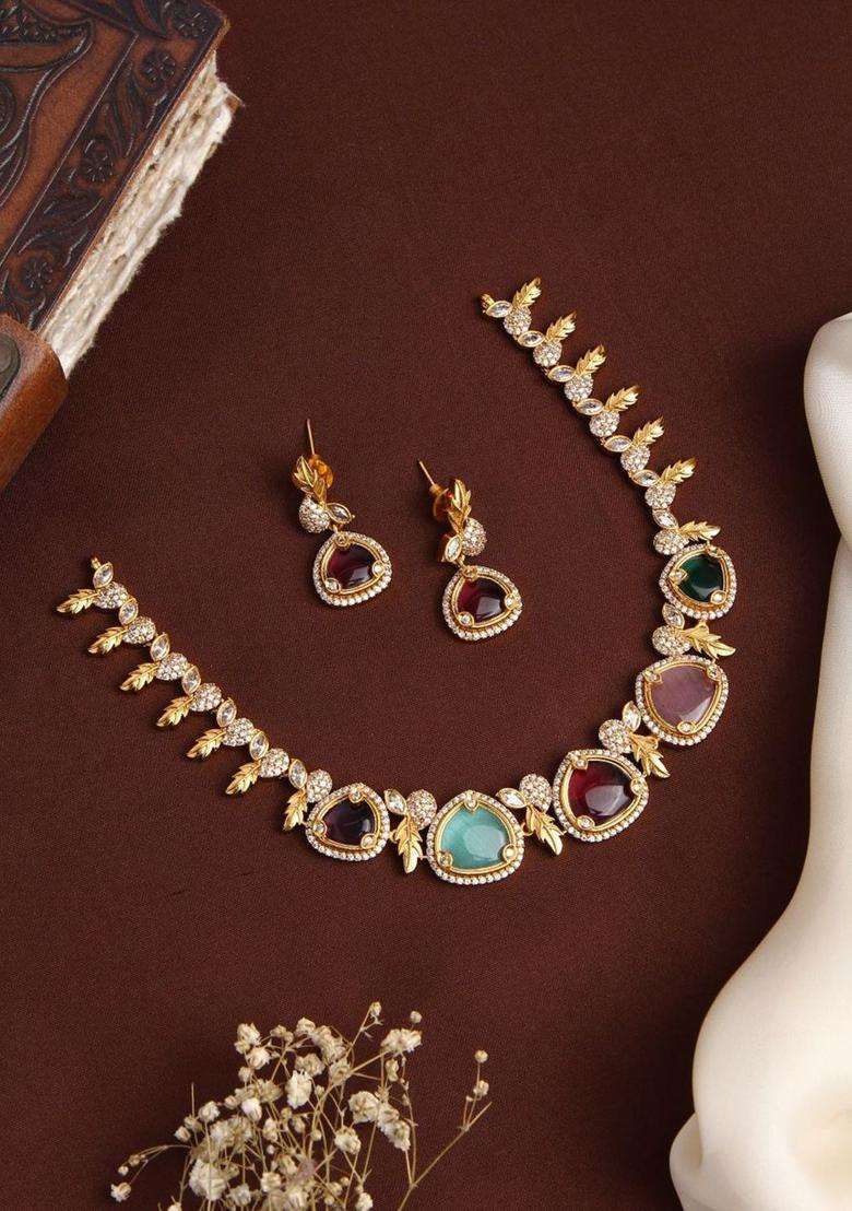 Gold-Plated Megha Multi Stone Leaf Choker for Women | Traditional Temple Jewellery for Wedding & Festive Wear | Gift for Her - Indya