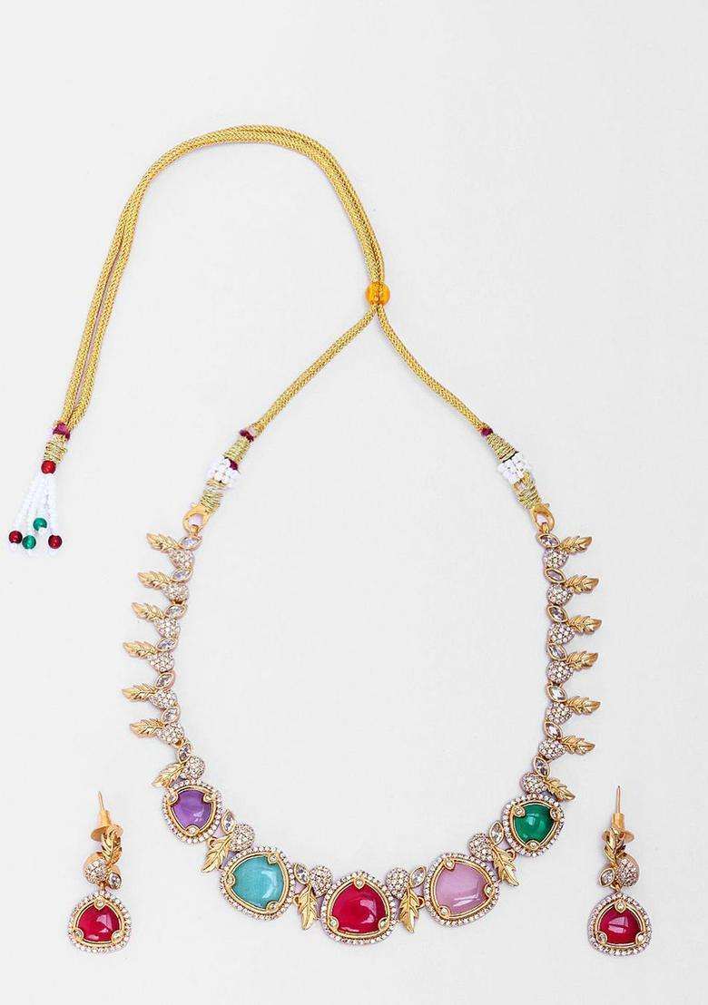 Gold-Plated Megha Multi Stone Leaf Choker for Women | Traditional Temple Jewellery for Wedding & Festive Wear | Gift for Her - Indya
