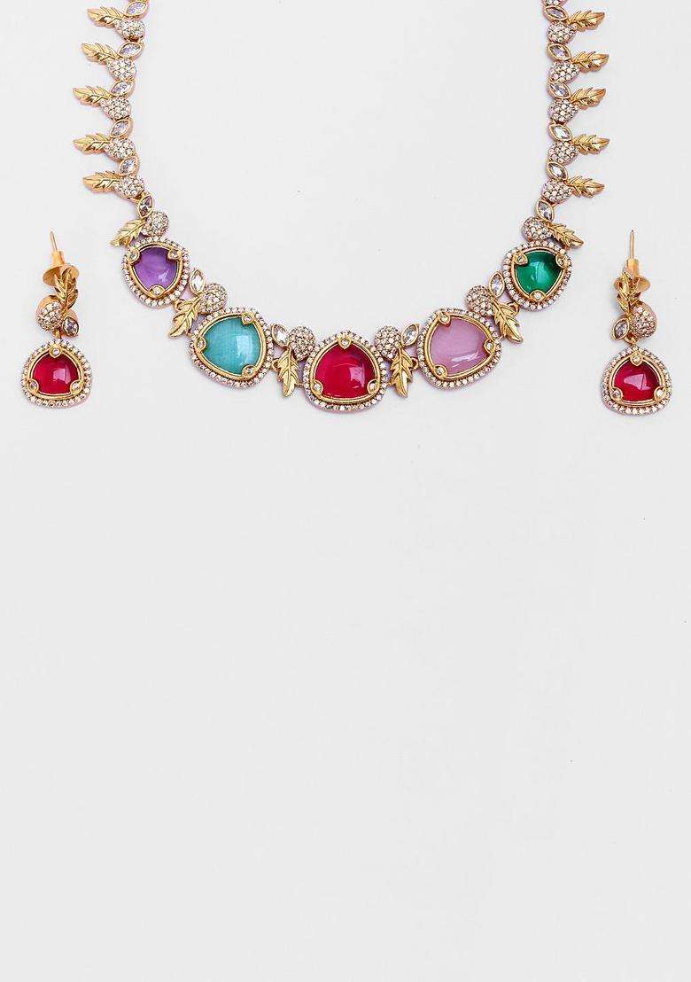 Gold-Plated Megha Multi Stone Leaf Choker for Women | Traditional Temple Jewellery for Wedding & Festive Wear | Gift for Her - Indya