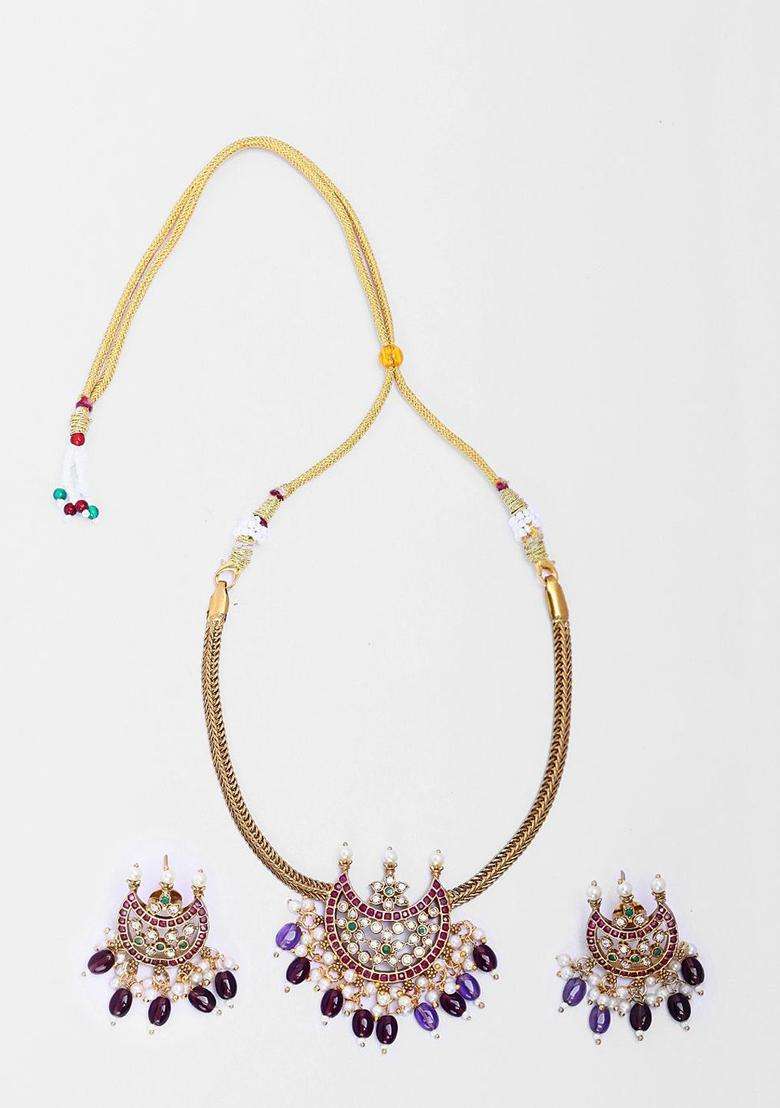 Gold-Plated Chandbali Halfmoon Purple Choker for Women | Traditional Temple Jewellery for Wedding & Festive Wear | Gift for Her - Indya