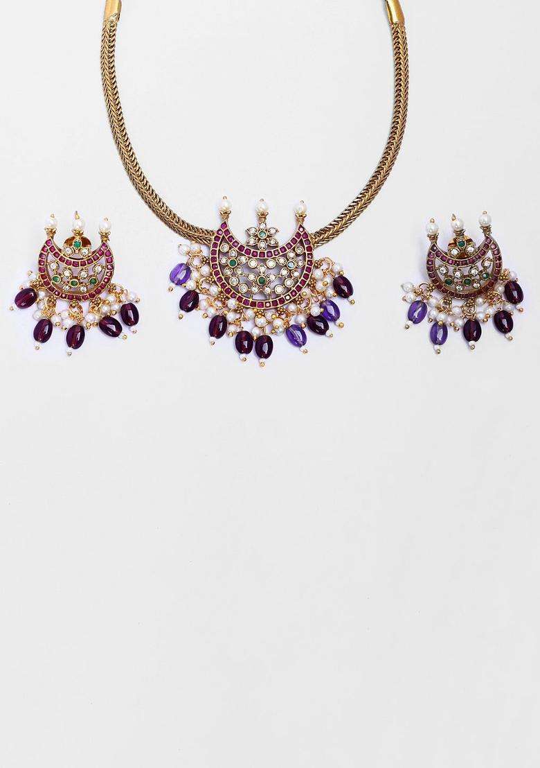 Gold-Plated Chandbali Halfmoon Purple Choker for Women | Traditional Temple Jewellery for Wedding & Festive Wear | Gift for Her - Indya