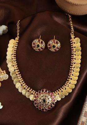 Gold-Plated Stone-Studded & Beaded Jewellery Set for Women | Traditional Temple Jewellery for Wedding & Festive Wear | Gift for Her