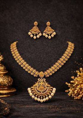 Gold-Plated Temple Cubic Zirconia Necklace and Earrings for Women | Traditional Temple Jewellery for Wedding & Festive Wear | Gift for Her