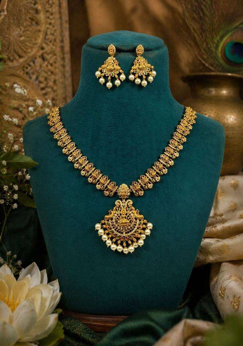 Gold-Plated Temple Cubic Zirconia Necklace and Earrings for Women | Traditional Temple Jewellery for Wedding & Festive Wear | Gift for Her - Indya