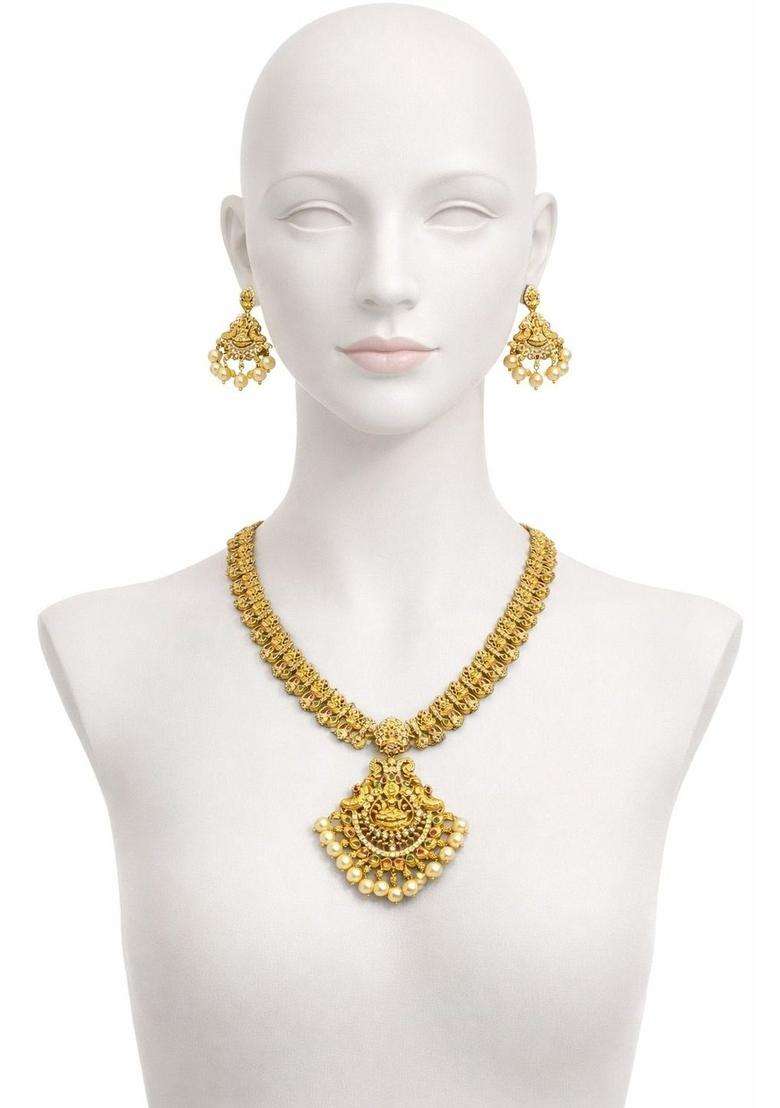 Gold-Plated Temple Cubic Zirconia Necklace and Earrings for Women | Traditional Temple Jewellery for Wedding & Festive Wear | Gift for Her - Indya