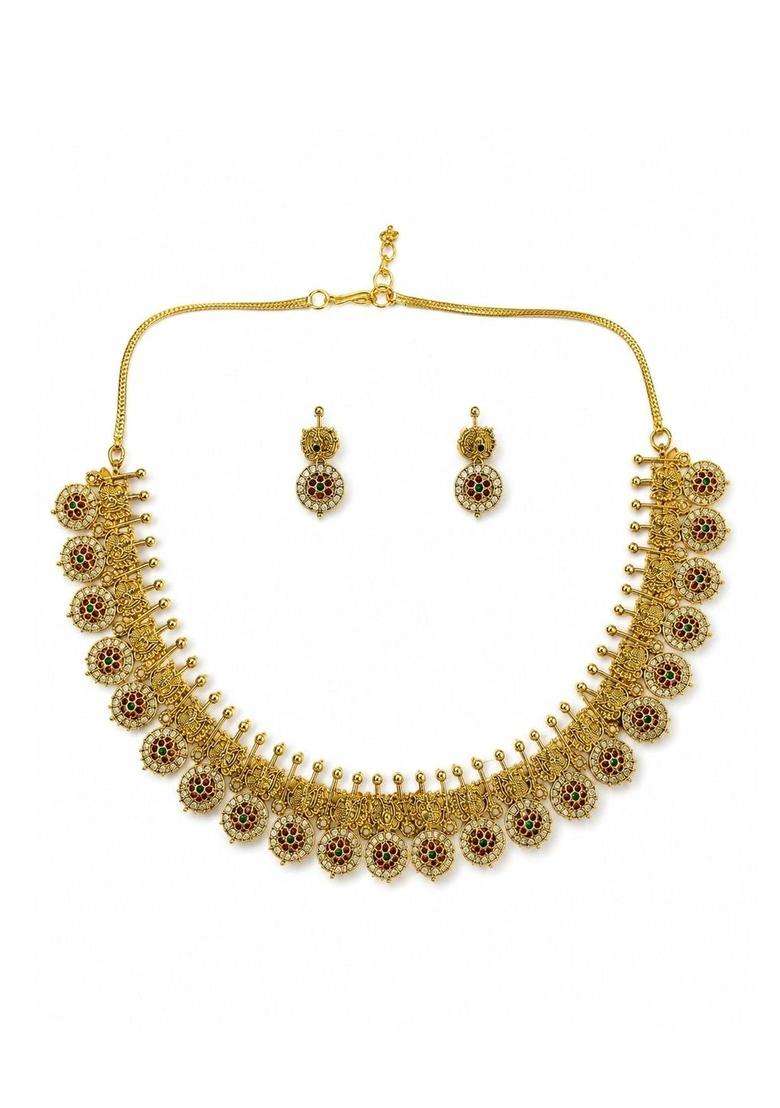 Gold-Plated Temple Cubic Zirconia Necklace and Earrings for Women | Traditional Temple Jewellery for Wedding & Festive Wear | Gift for Her - Indya