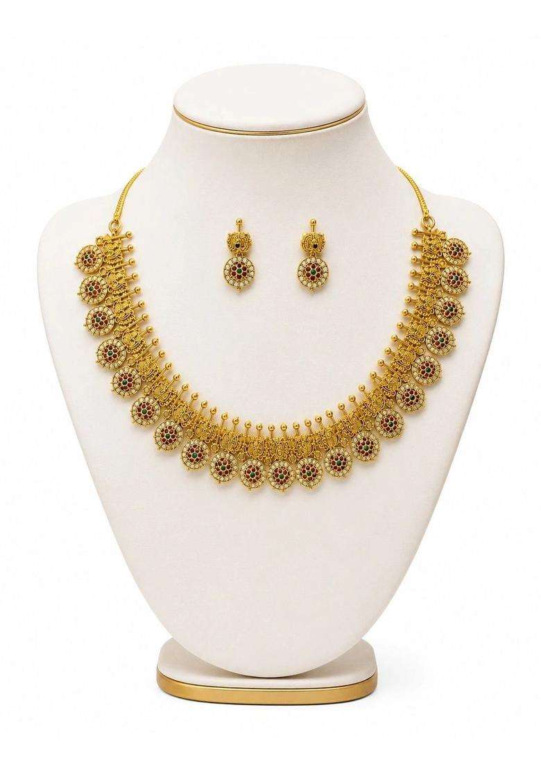 Gold-Plated Temple Cubic Zirconia Necklace and Earrings for Women | Traditional Temple Jewellery for Wedding & Festive Wear | Gift for Her - Indya