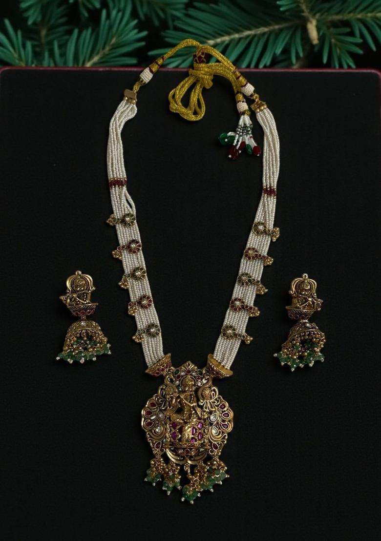 Gold-Plated Artificial Stones Studded and Beaded Temple Necklace and Earrings for Women | Traditional Temple Jewellery for Wedding & Festive Wear | Gift for Her - Indya