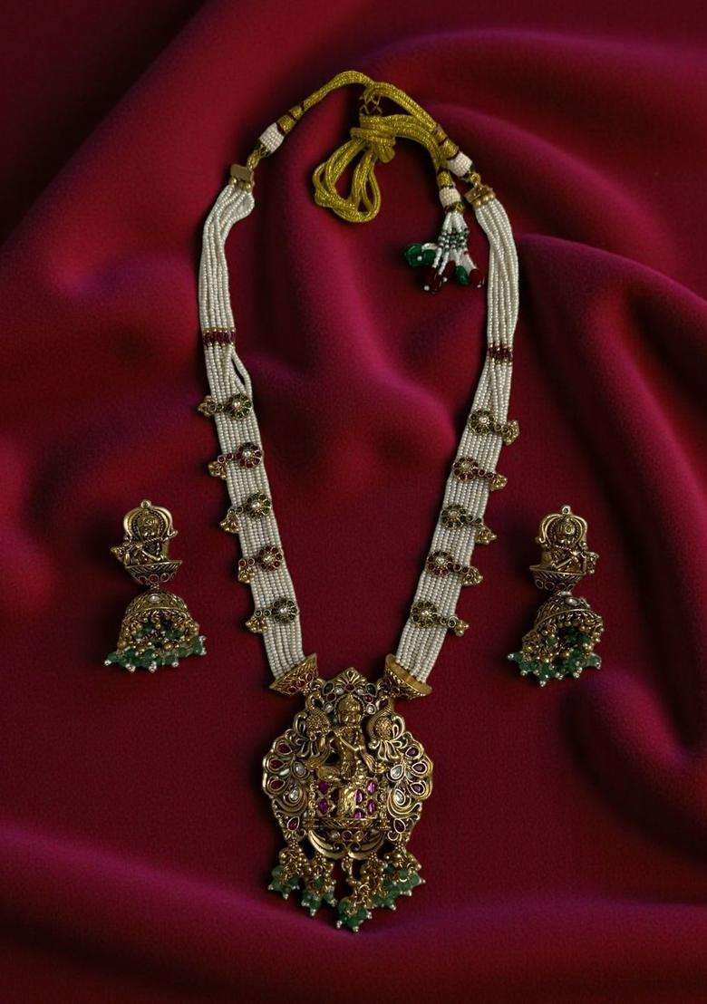 Gold-Plated Artificial Stones Studded and Beaded Temple Necklace and Earrings for Women | Traditional Temple Jewellery for Wedding & Festive Wear | Gift for Her - Indya