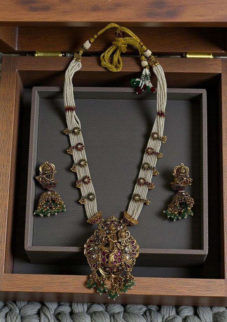 Gold-Plated Artificial Stones Studded and Beaded Temple Necklace and Earrings for Women | Traditional Temple Jewellery for Wedding & Festive Wear | Gift for Her - Indya