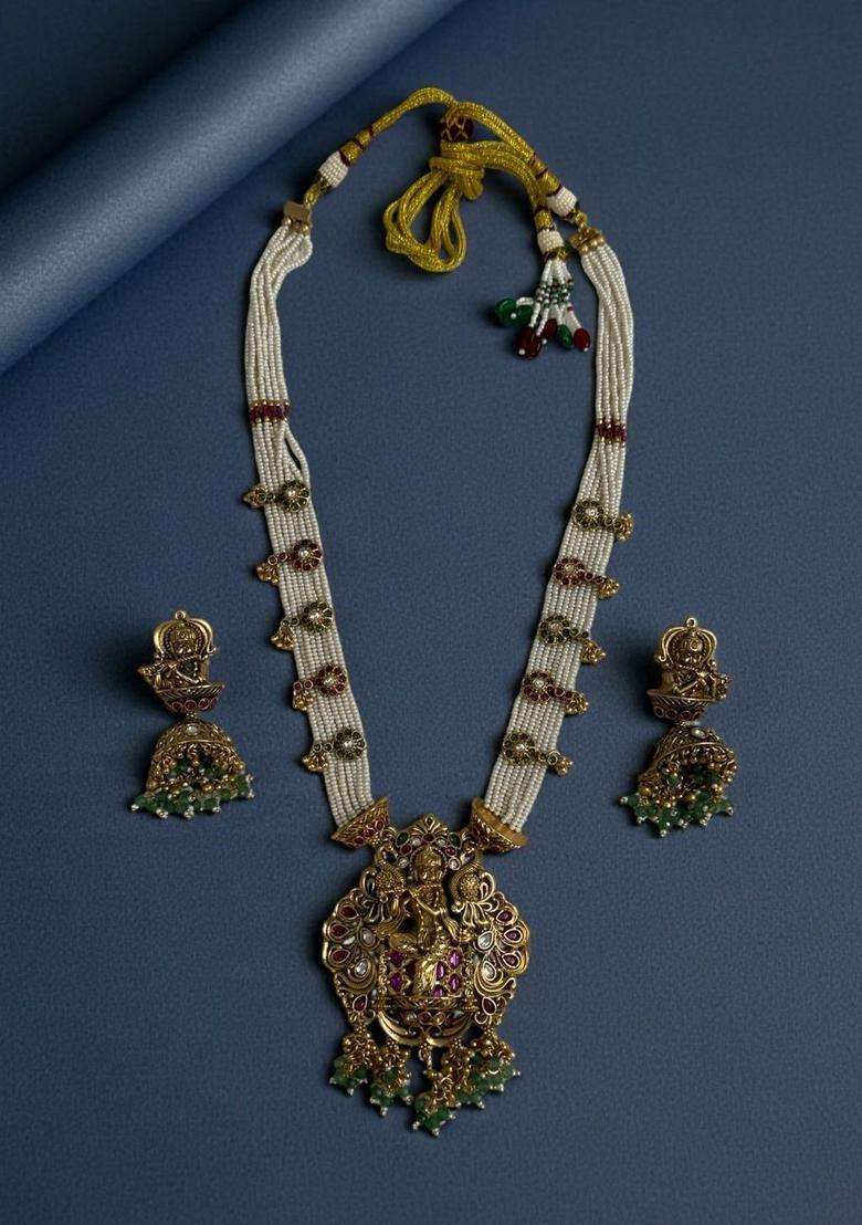 Gold-Plated Artificial Stones Studded and Beaded Temple Necklace and Earrings for Women | Traditional Temple Jewellery for Wedding & Festive Wear | Gift for Her - Indya