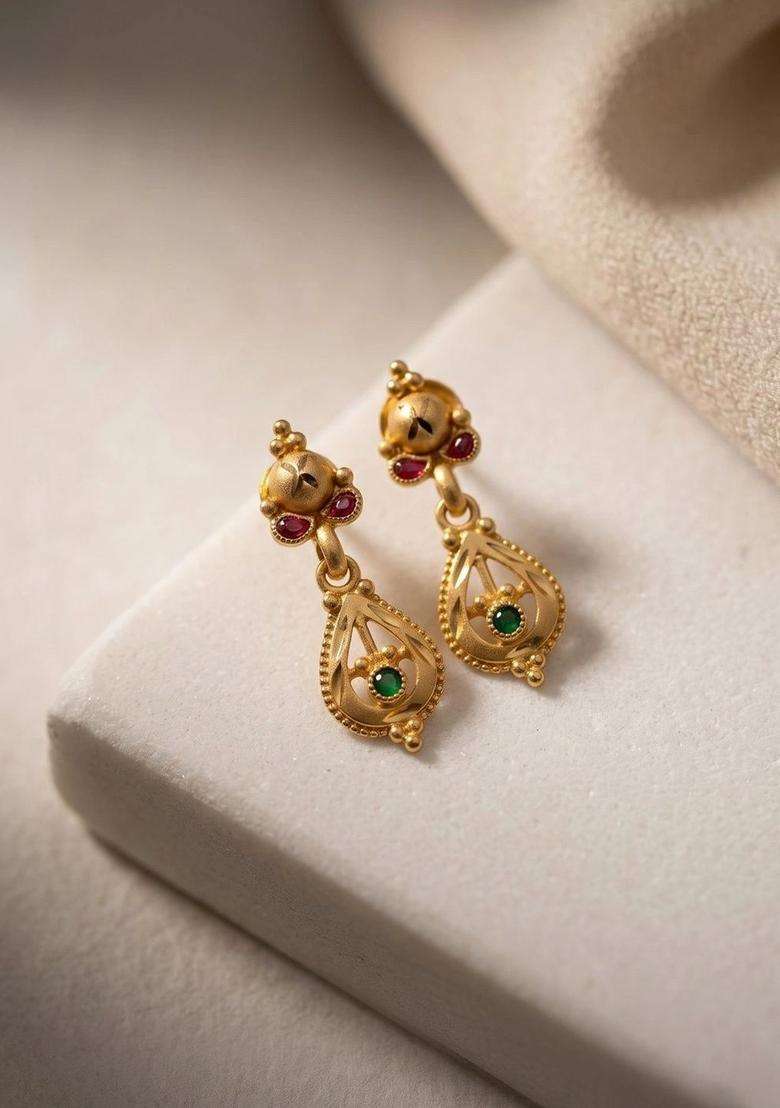 Gold-Plated Teardrop Shaped Drop Earrings for Women | Traditional Temple Jewellery for Wedding & Festive Wear | Gift for Her - Indya