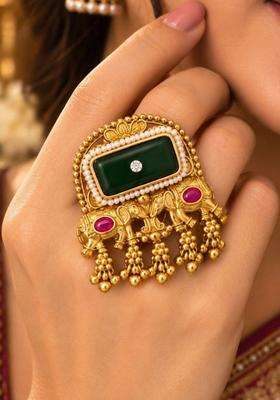 Gold-Plated Temple Stone Studded & Beaded Finger Ring for Women | Traditional Temple Jewellery for Wedding & Festive Wear | Gift for Her