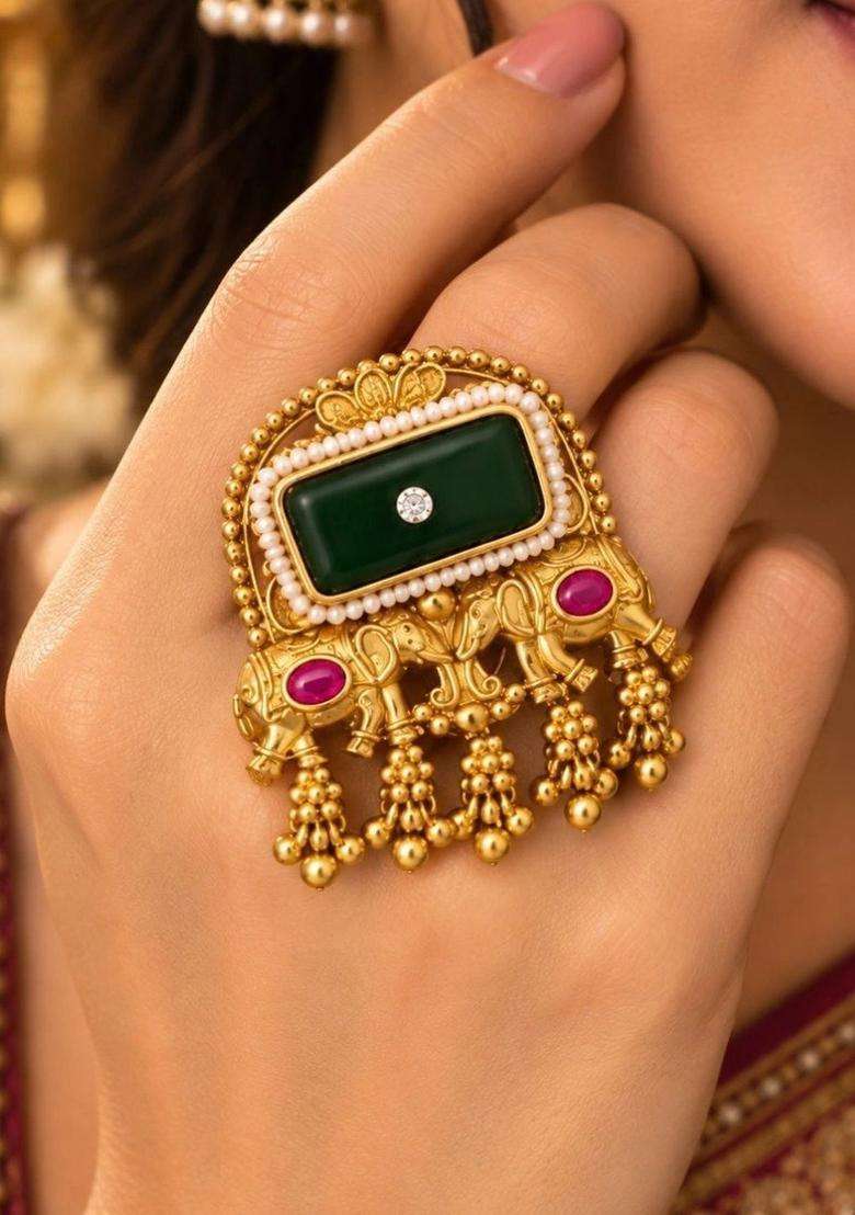 Gold-Plated Temple Stone Studded & Beaded Finger Ring for Women | Traditional Temple Jewellery for Wedding & Festive Wear | Gift for Her - Indya