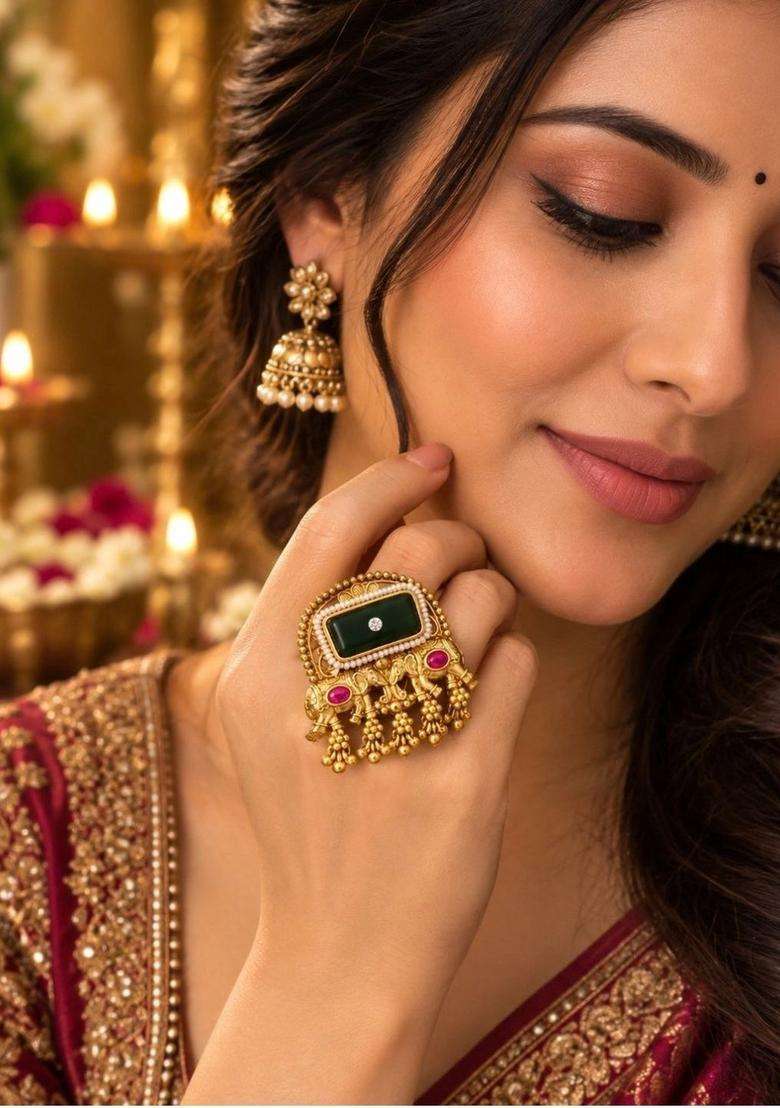 Gold-Plated Temple Stone Studded & Beaded Finger Ring for Women | Traditional Temple Jewellery for Wedding & Festive Wear | Gift for Her - Indya