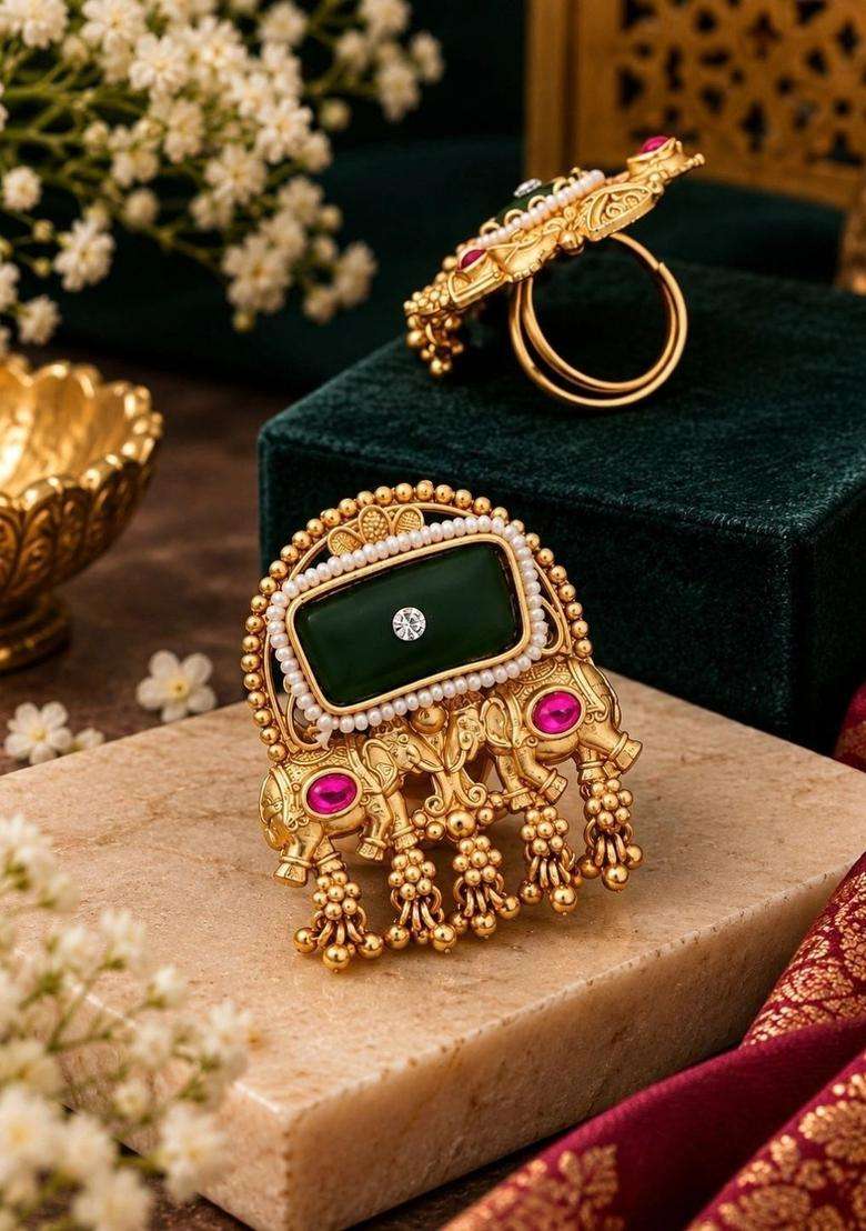Gold-Plated Temple Stone Studded & Beaded Finger Ring for Women | Traditional Temple Jewellery for Wedding & Festive Wear | Gift for Her - Indya
