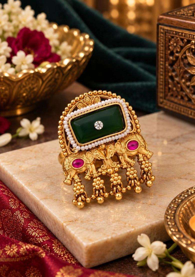 Gold-Plated Temple Stone Studded & Beaded Finger Ring for Women | Traditional Temple Jewellery for Wedding & Festive Wear | Gift for Her - Indya