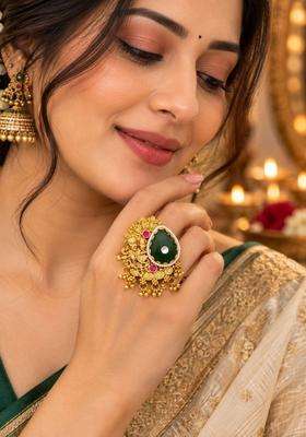 Gold-Plated Temple Stone Studded & Beaded Finger Ring for Women | Traditional Temple Jewellery for Wedding & Festive Wear | Gift for Her