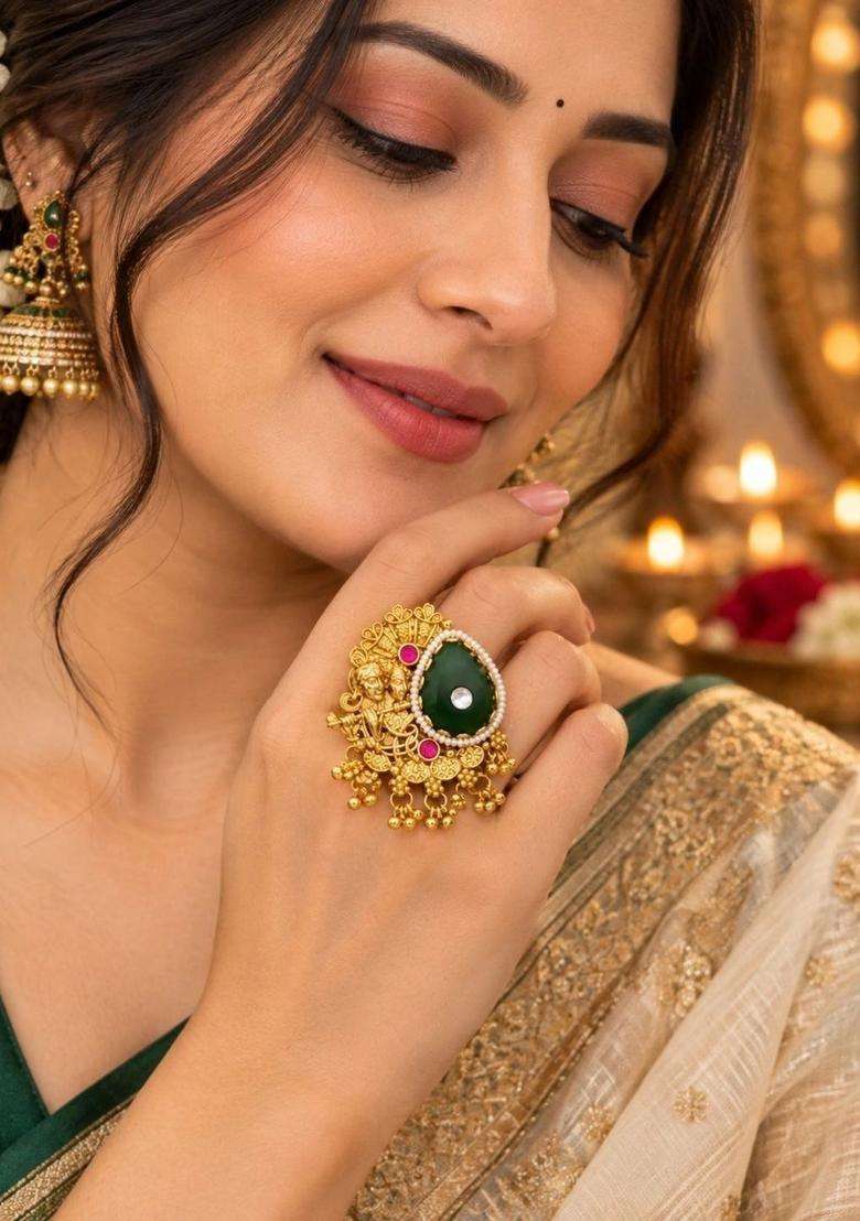 Gold-Plated Temple Stone Studded & Beaded Finger Ring for Women | Traditional Temple Jewellery for Wedding & Festive Wear | Gift for Her - Indya