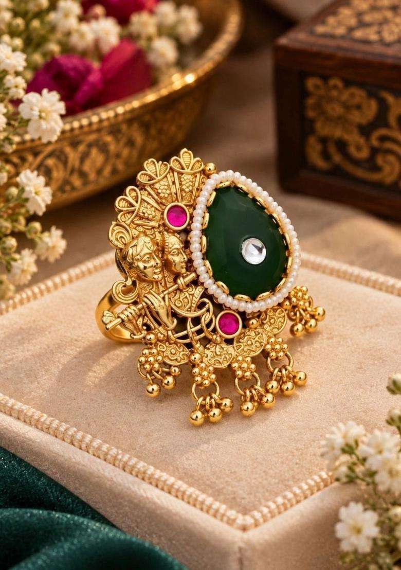 Gold-Plated Temple Stone Studded & Beaded Finger Ring for Women | Traditional Temple Jewellery for Wedding & Festive Wear | Gift for Her - Indya