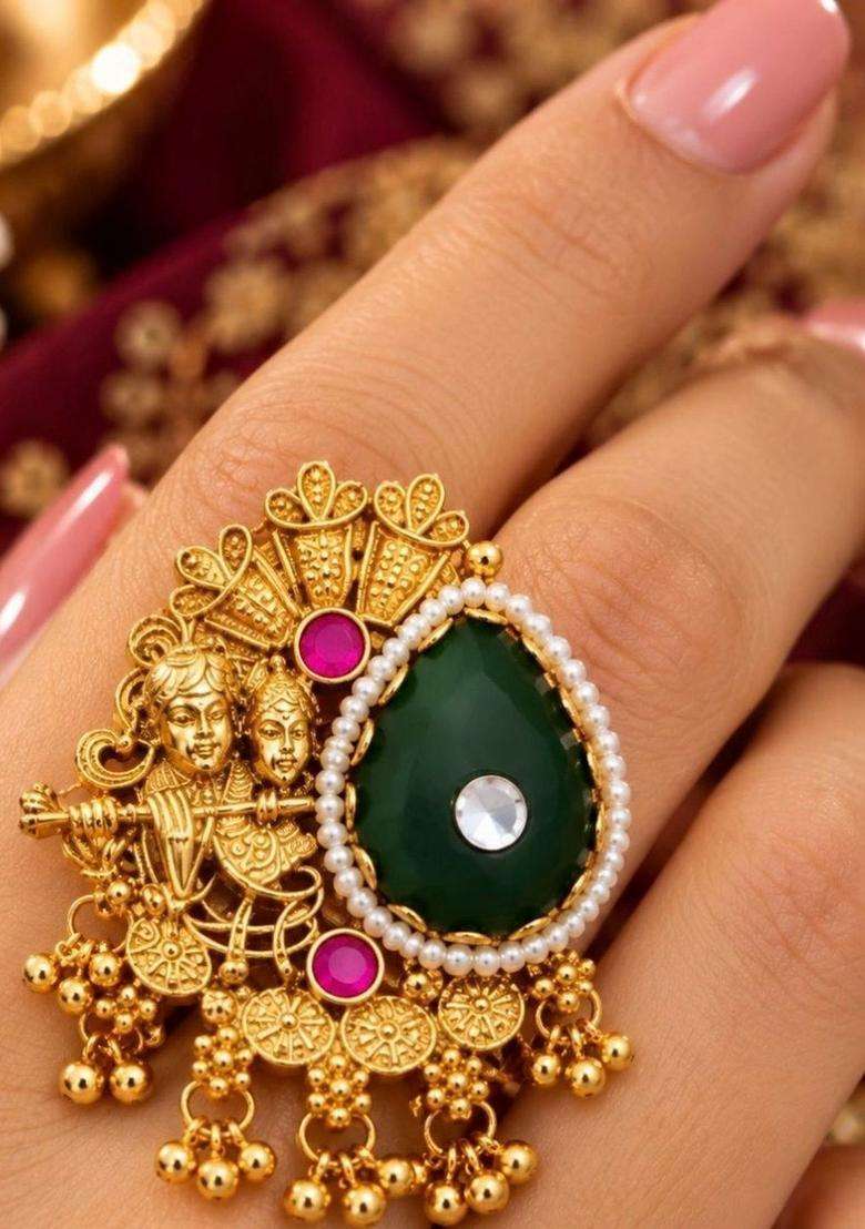 Gold-Plated Temple Stone Studded & Beaded Finger Ring for Women | Traditional Temple Jewellery for Wedding & Festive Wear | Gift for Her - Indya