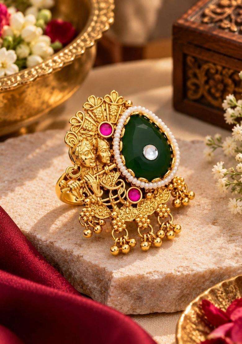 Gold-Plated Temple Stone Studded & Beaded Finger Ring for Women | Traditional Temple Jewellery for Wedding & Festive Wear | Gift for Her - Indya