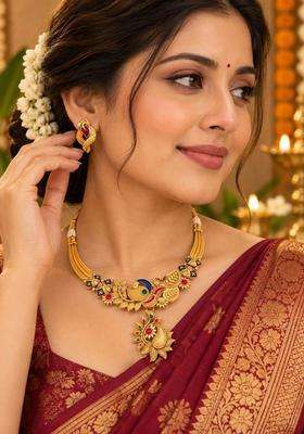 Gold-Plated Temple Stone-Studded Necklace and Earrings for Women | Traditional Temple Jewellery for Wedding & Festive Wear | Gift for Her