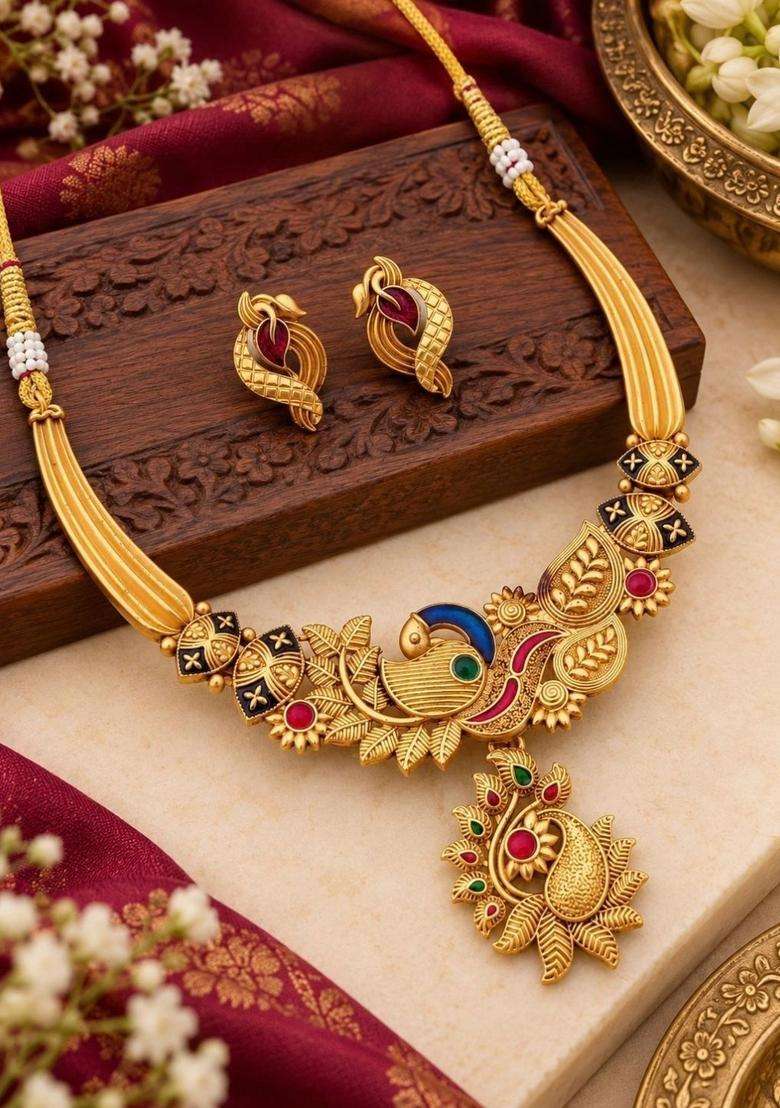 Gold-Plated Temple Stone-Studded Necklace and Earrings for Women | Traditional Temple Jewellery for Wedding & Festive Wear | Gift for Her - Indya