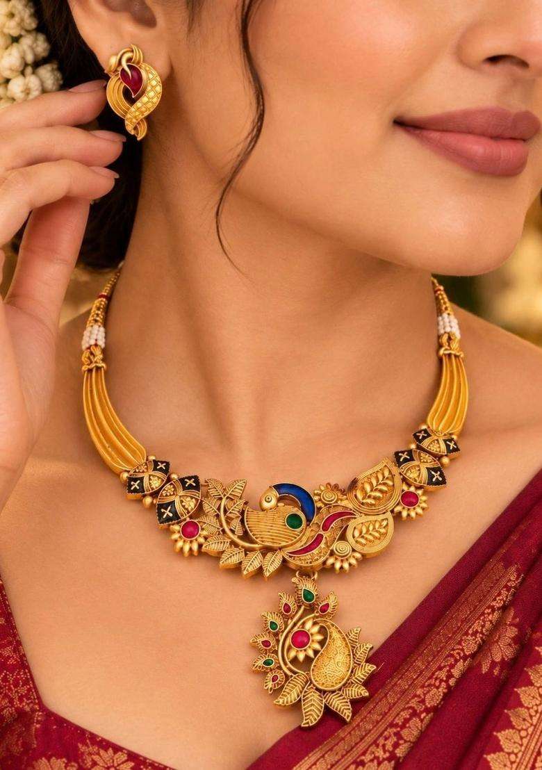 Gold-Plated Temple Stone-Studded Necklace and Earrings for Women | Traditional Temple Jewellery for Wedding & Festive Wear | Gift for Her - Indya
