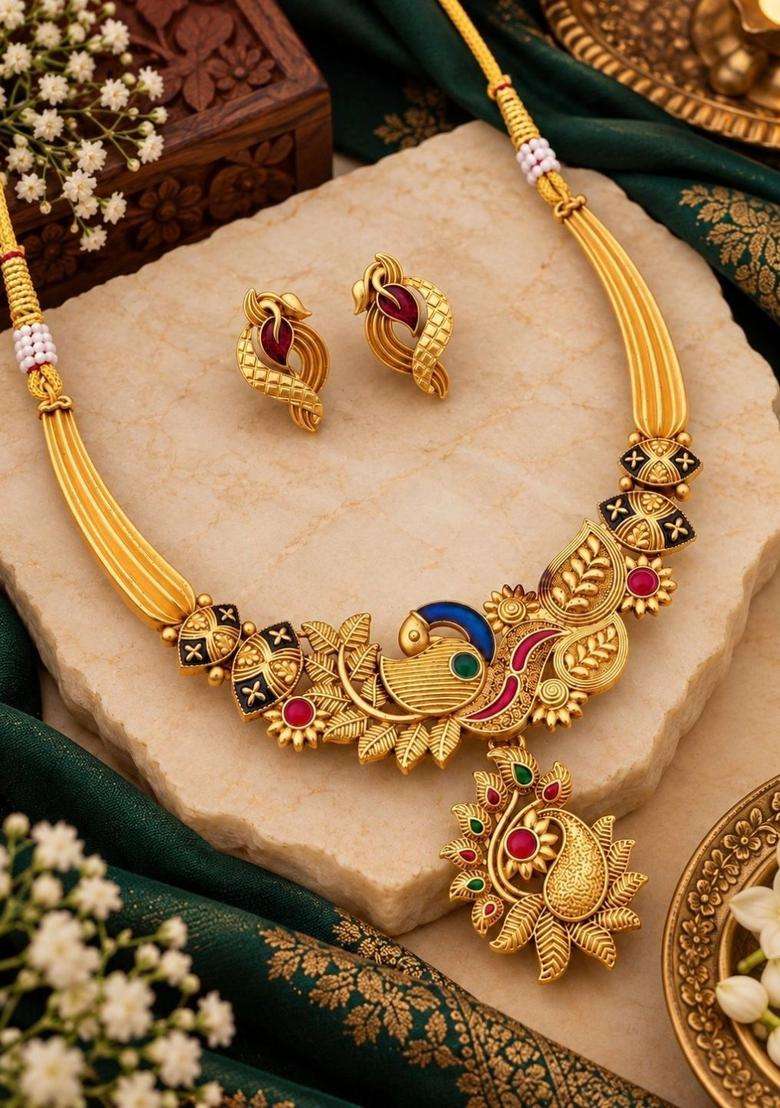 Gold-Plated Temple Stone-Studded Necklace and Earrings for Women | Traditional Temple Jewellery for Wedding & Festive Wear | Gift for Her - Indya