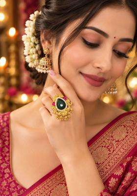 Gold-Plated Temple Stone Studded & Beaded Finger Ring for Men & Women | Traditional Temple Jewellery for Wedding & Festive Wear | Festive Gift