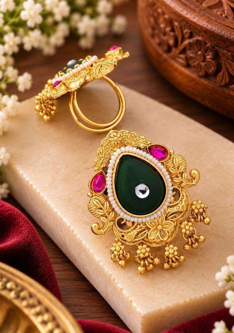 Gold-Plated Temple Stone Studded & Beaded Finger Ring for Men & Women | Traditional Temple Jewellery for Wedding & Festive Wear | Festive Gift - Indya