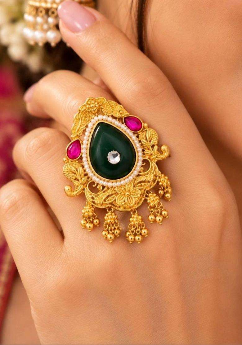 Gold-Plated Temple Stone Studded & Beaded Finger Ring for Men & Women | Traditional Temple Jewellery for Wedding & Festive Wear | Festive Gift - Indya
