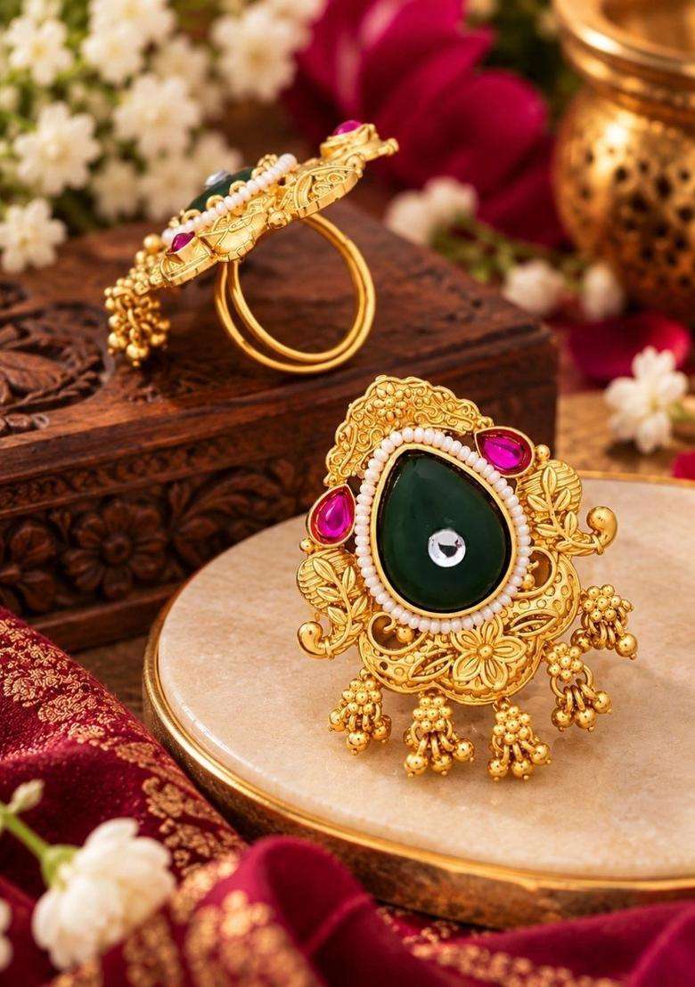 Gold-Plated Temple Stone Studded & Beaded Finger Ring for Men & Women | Traditional Temple Jewellery for Wedding & Festive Wear | Festive Gift - Indya